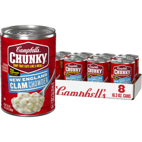 Campbell's Chunky New England Clam Chowder packaging front for quick meals.