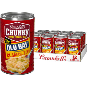 Campbell's Chunky OLD BAY Clam Chowder can front view, a hearty ready-to-heat meal.