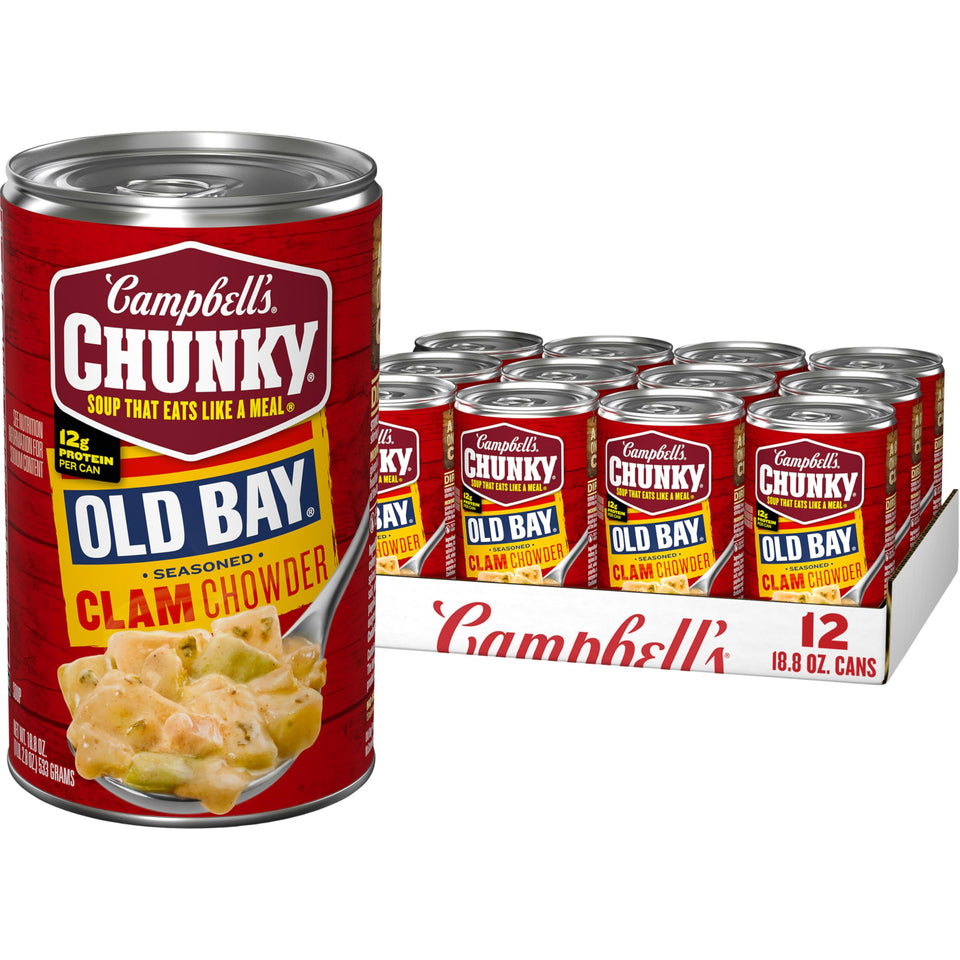 Campbell's Chunky OLD BAY Clam Chowder can front view, a hearty ready-to-heat meal.