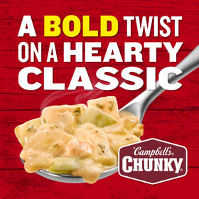 Bulk case label on Campbell's Chunky OLD BAY Clam Chowder can pack.