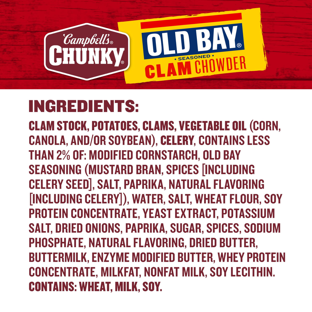 Chef's spoon shows chunky clams and potatoes in Campbell's Chunky OLD BAY Clam Chowder.