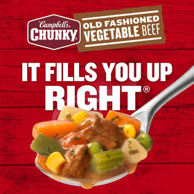 12-pack box of Campbell's Chunky Old Fashioned Vegetable Beef Soup on a pantry shelf.