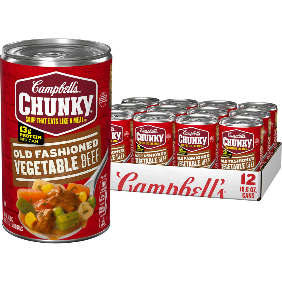 Campbell's Chunky Old Fashioned Vegetable Beef Soup can label signaling a pantry-ready hearty meal.