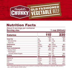Campbell's Chunky Old Fashioned Vegetable Beef Soup being poured into a bowl for quick meals.