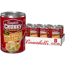 Eight-pack of Campbell’s Chunky Pub-Style Chicken Pot Pie Soup cans for easy meal planning.