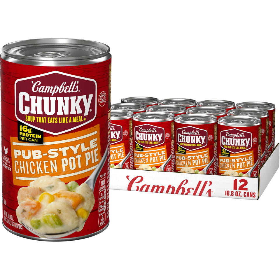 Campbell’s Chunky Pub-Style Chicken Pot Pie Soup can front, ideal for quick, filling lunches.