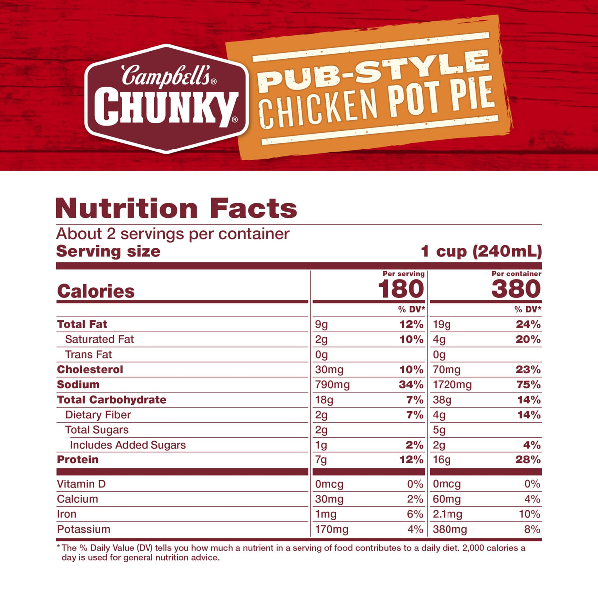 Campbell’s Chunky Pub-Style Chicken Pot Pie Soup can nutrition label, highlights 16 g protein per serving.