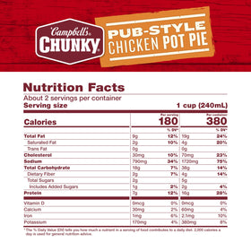 Campbell’s Chunky Pub-Style Chicken Pot Pie Soup can nutrition label, highlights 16 g protein per serving.