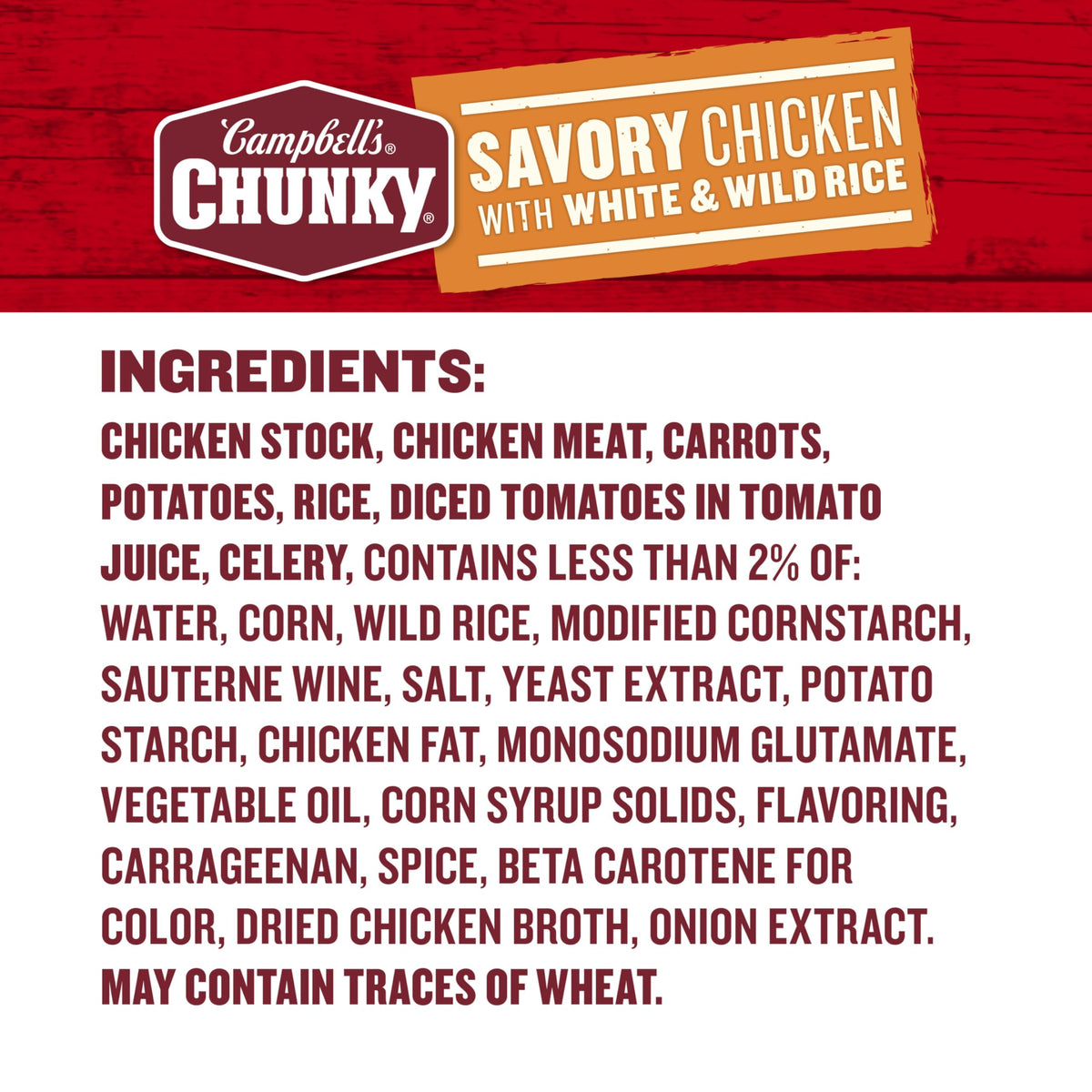 Close-up of Campbell's Savory Chicken with White and Wild Rice Soup ingredients.
