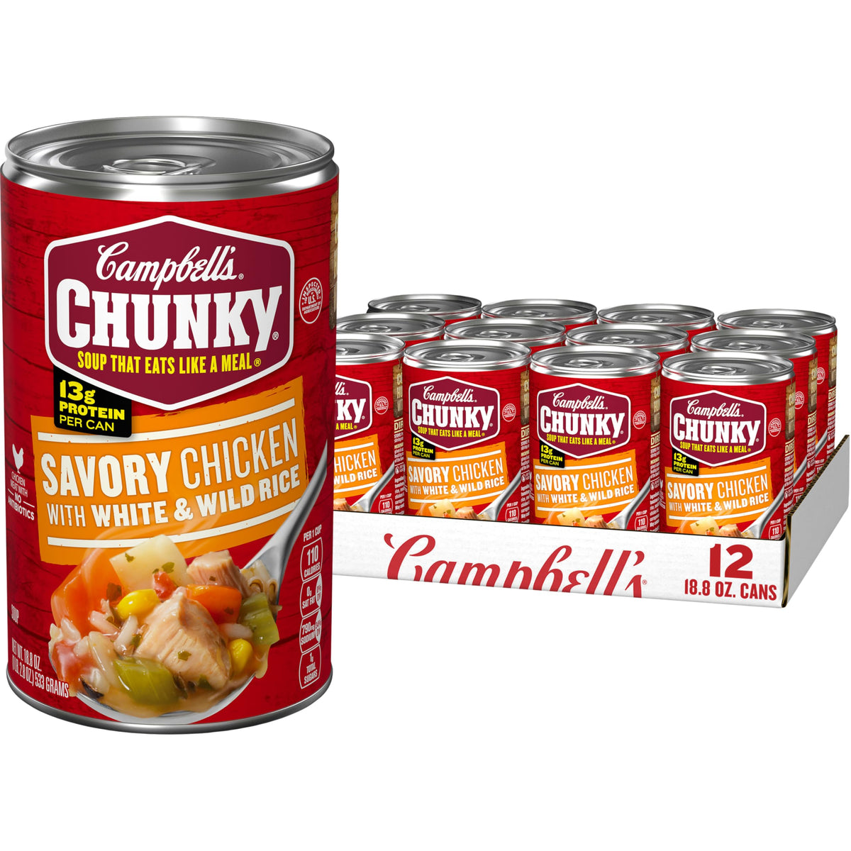 Campbell's Chunky Savory Chicken with White and Wild Rice soup can front, perfect for quick meals.