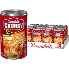 Campbell's Chunky Savory Chicken with White and Wild Rice soup can front, perfect for quick meals.