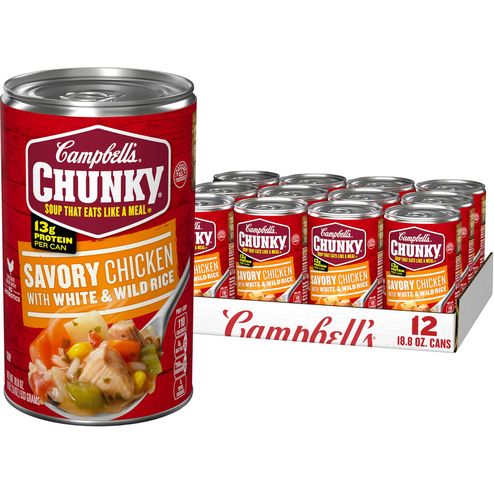 Campbell's Chunky Savory Chicken with White and Wild Rice soup can front, perfect for quick meals.