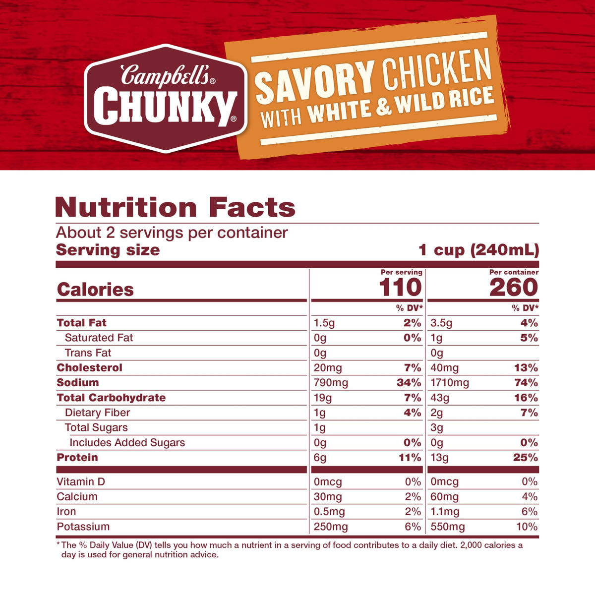 Campbell's Chunky Savory Chicken with White and Wild Rice soup in a bowl, ready to heat.