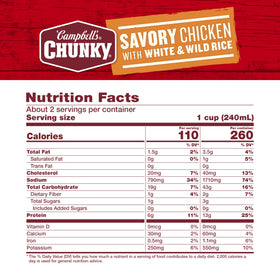 Campbell's Chunky Savory Chicken with White and Wild Rice soup in a bowl, ready to heat.