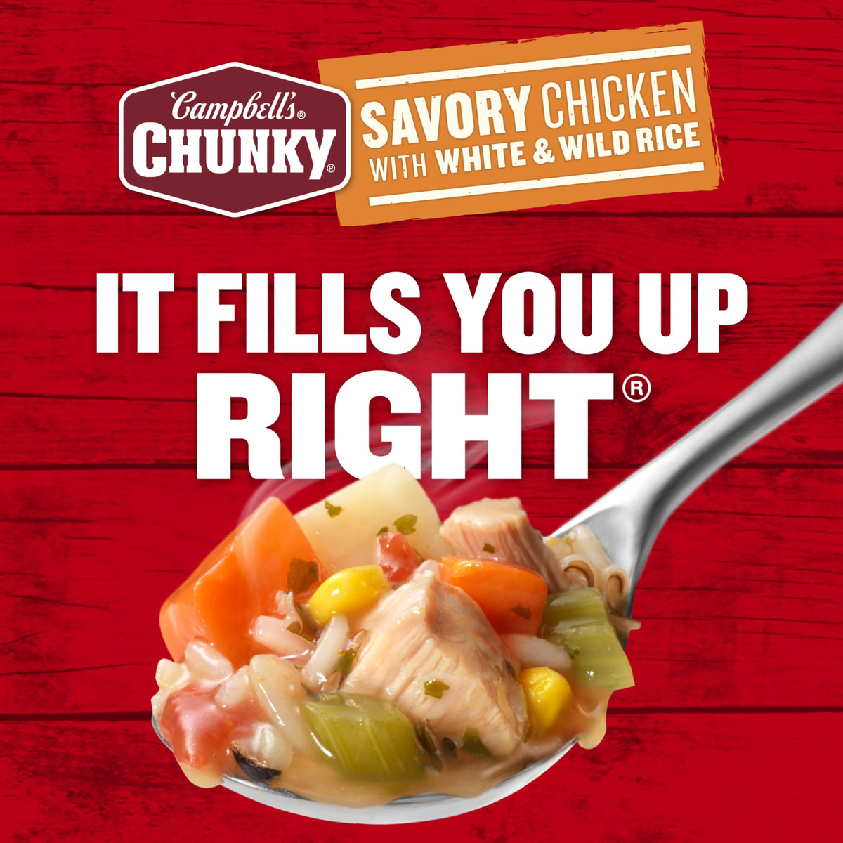 Campbell's Chunky Savory Chicken with White and Wild Rice Soup, microwavable and convenient.