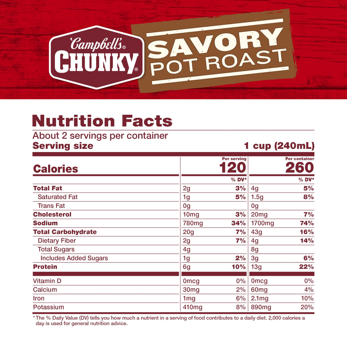 Campbell's Chunky Savory Pot Roast Soup ingredients include potatoes and carrots