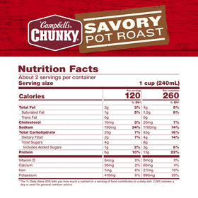 Campbell's Chunky Savory Pot Roast Soup ingredients include potatoes and carrots