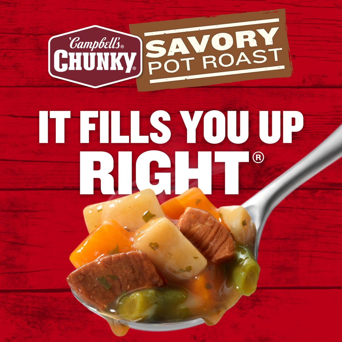 Campbell's Chunky Savory Pot Roast Soup recyclable can for easy disposal