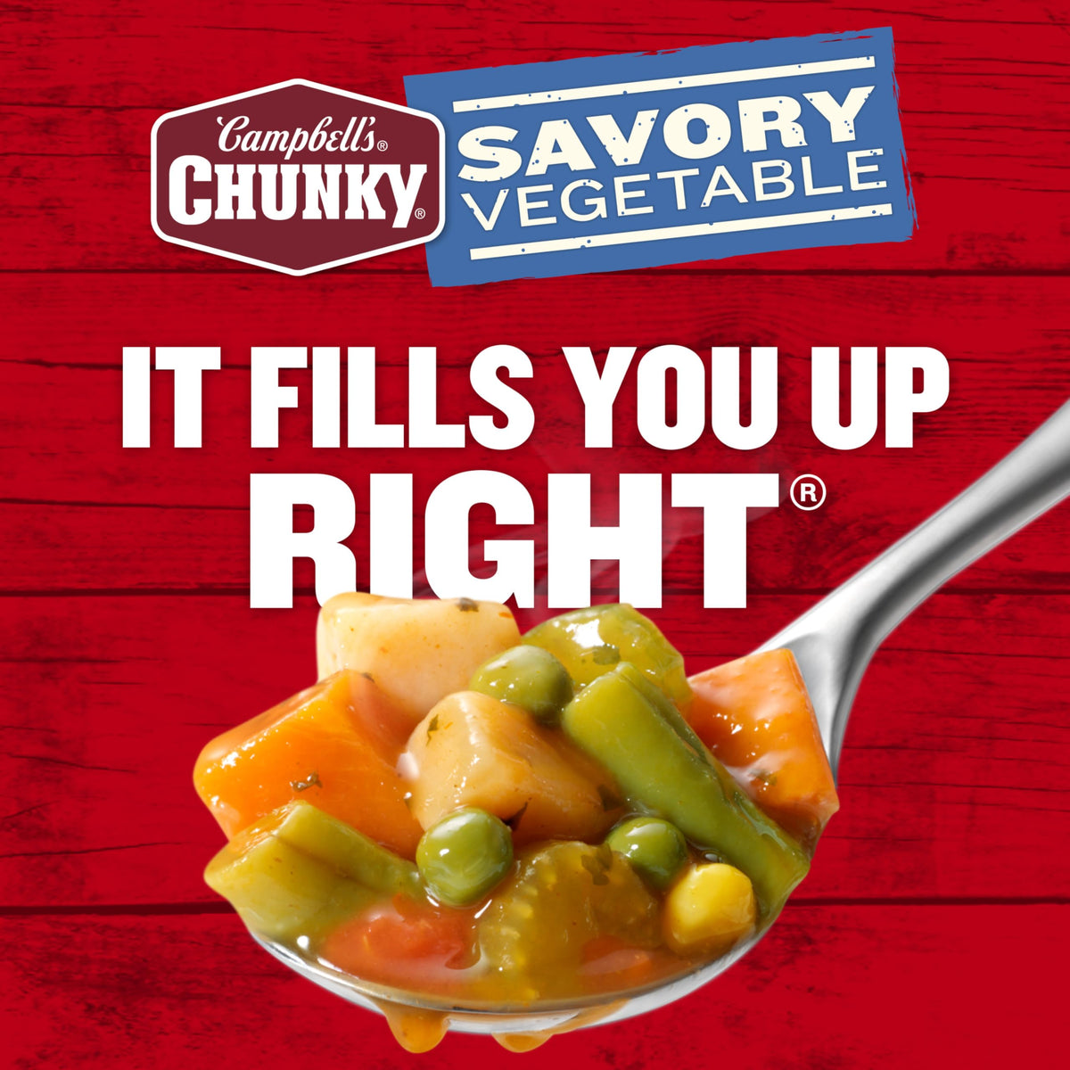 Close-up of potatoes, carrots, corn and peas in Campbell’s soup