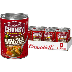 Campbell's Chunky Sirloin Burger soup can in case, easy to stock for quick meals.