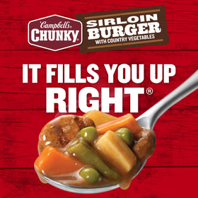 Close-up of the Campbell's Chunky Sirloin Burger label highlighting beef flavor.