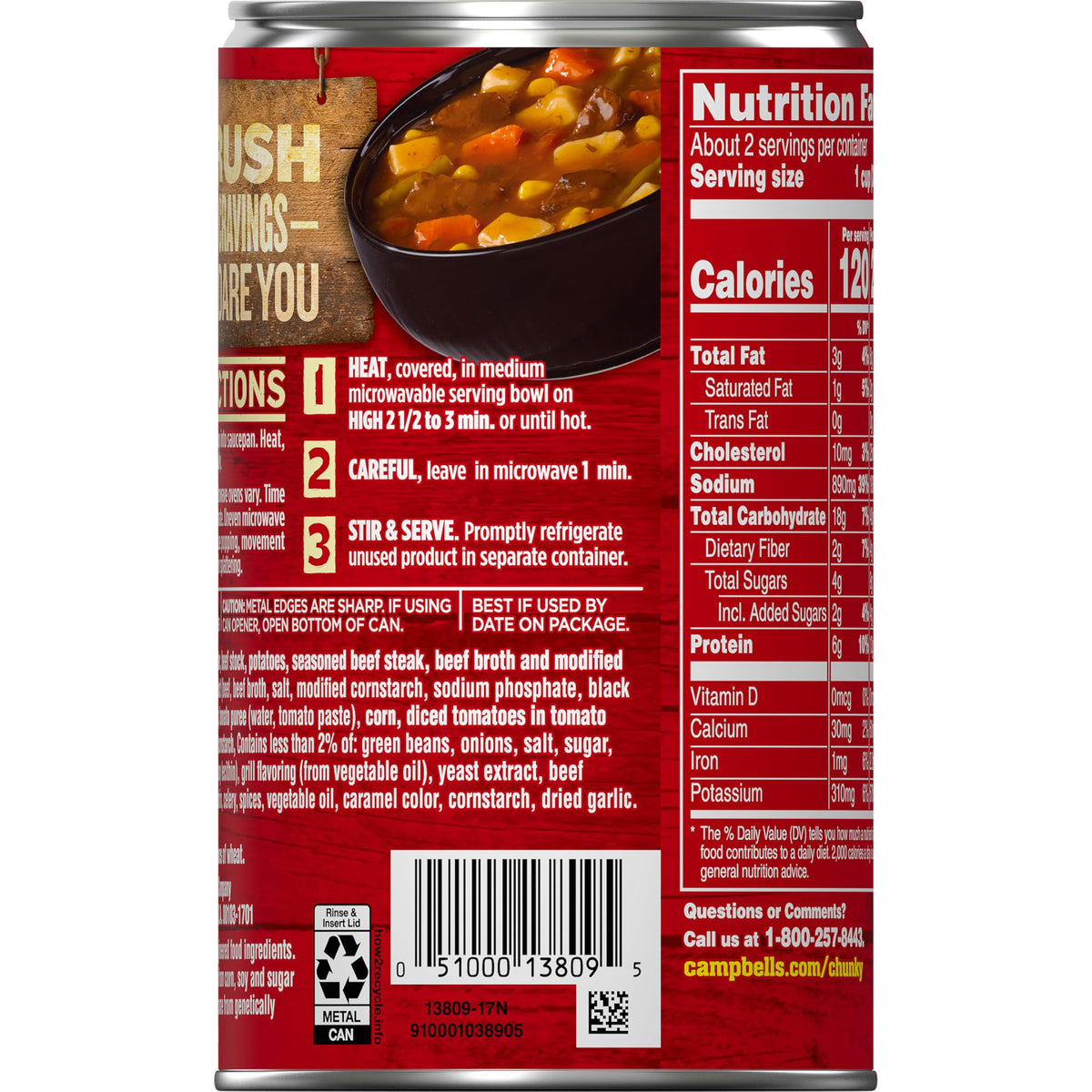 Campbell's Chunky Steak with Hearty Vegetables can—campfire meals and microwave-ready convenience.