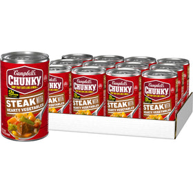 Campbell's Chunky Sirloin Steak with Hearty Vegetables soup can—protein-packed lunch option.