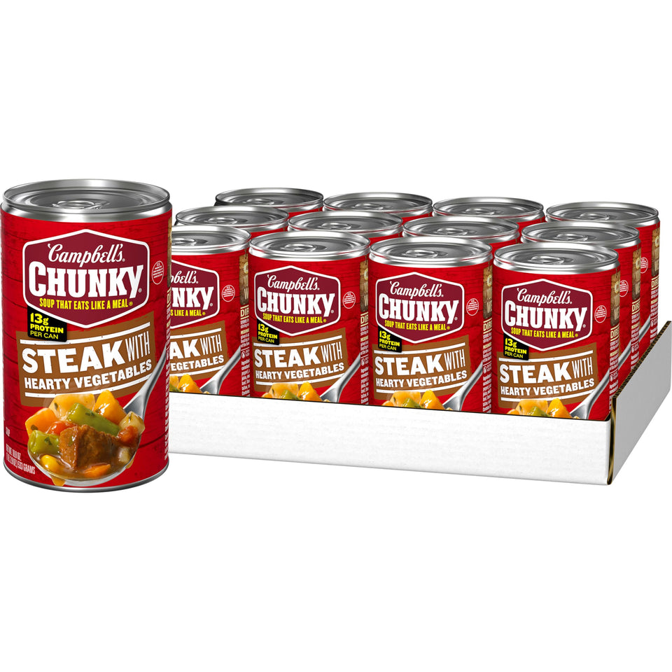 Campbell's Chunky Sirloin Steak with Hearty Vegetables soup can—protein-packed lunch option.
