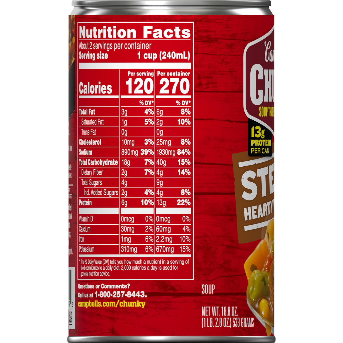 Campbell's Chunky Sirloin with potatoes and corn—protein boost during busy days.