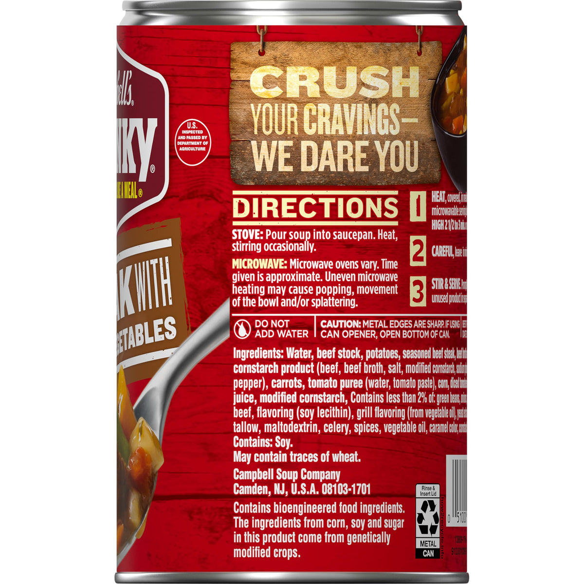 Campbell's Chunky soup can back view—recyclable packaging supporting on-the-go meals.