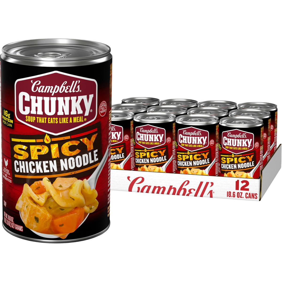 Campbell's Chunky Spicy Chicken Noodle Soup in a 12-pack can front, ready meal option