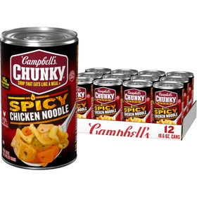 Campbell's Chunky Spicy Chicken Noodle Soup in a 12-pack can front, ready meal option