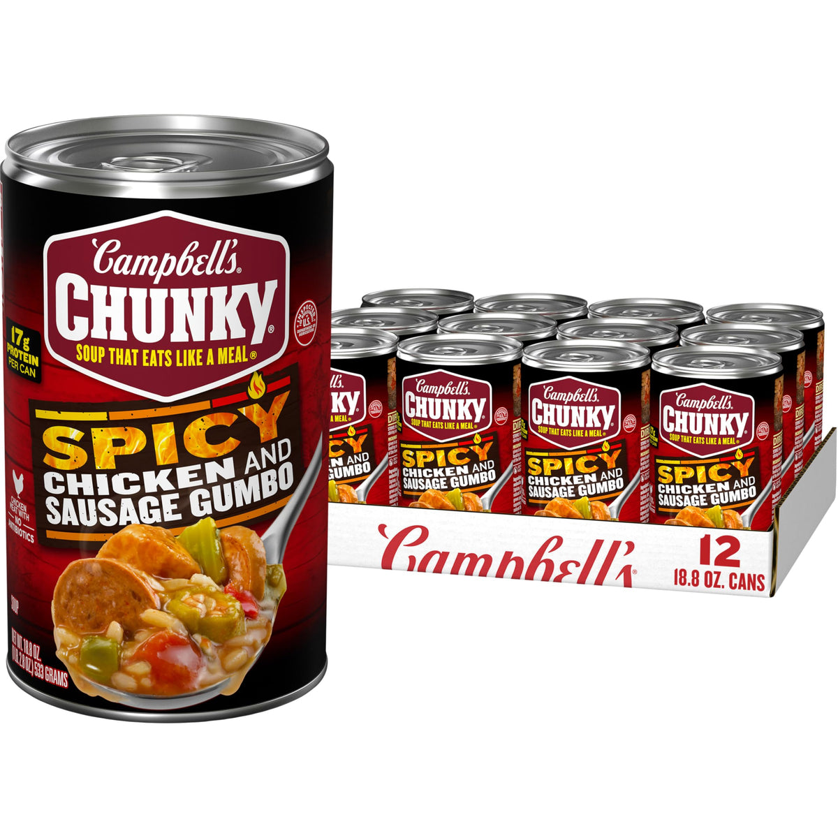Campbell’s Chunky Spicy Chicken and Sausage Gumbo can showing bold label for quick meals