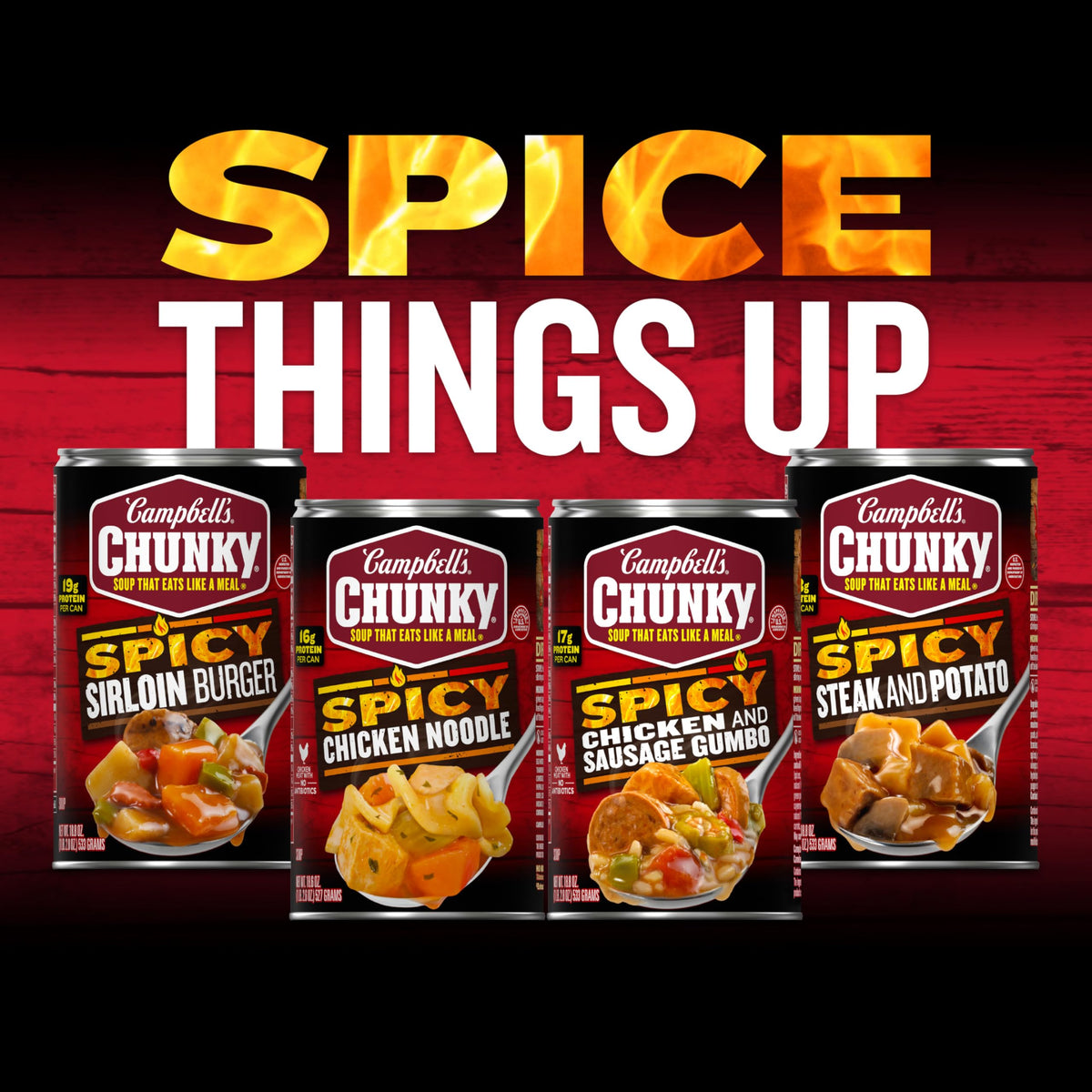 Campbell's Chunky Spicy Chicken and Sausage Gumbo kitchen scene with can