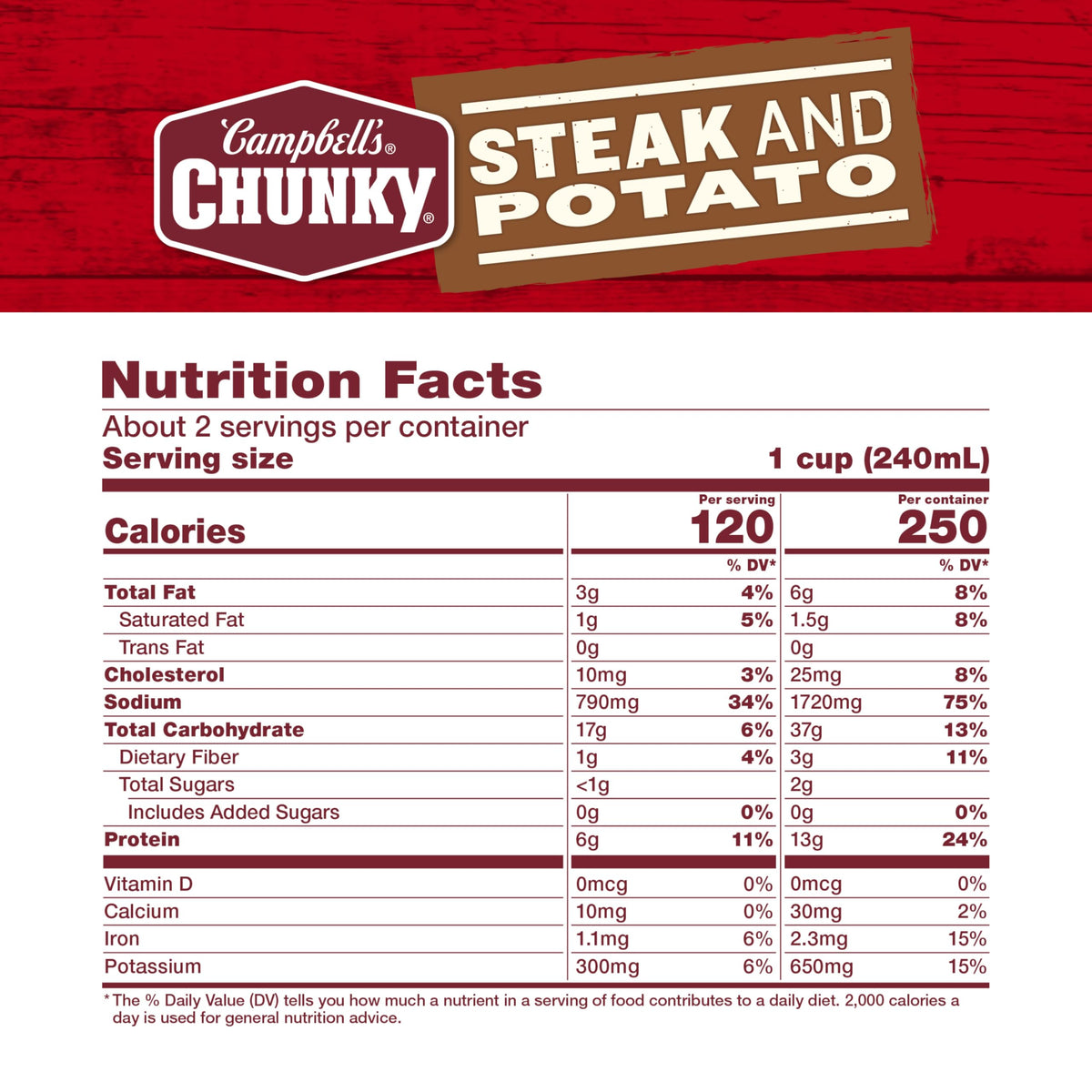 Close-up of tender beef and potatoes in Campbell’s Chunky soup, protein-rich comfort.