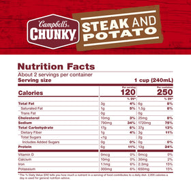 Close-up of tender beef and potatoes in Campbell’s Chunky soup, protein-rich comfort.