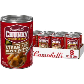 Campbell’s Chunky Steak and Potato soup can full view, ready to heat for a hearty meal