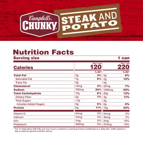 Campbell’s Chunky Steak and Potato soup can open showing robust beef and potatoes