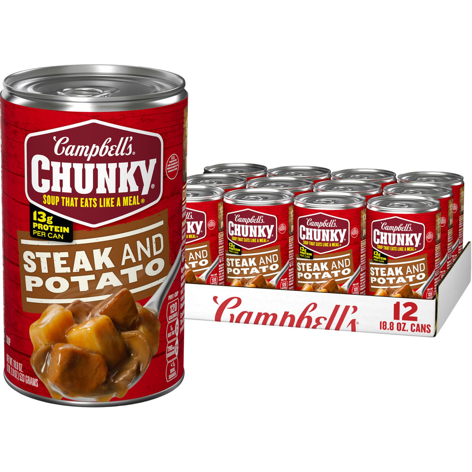 Campbell’s Chunky steak and potato soup can, ready to heat for a quick meal.