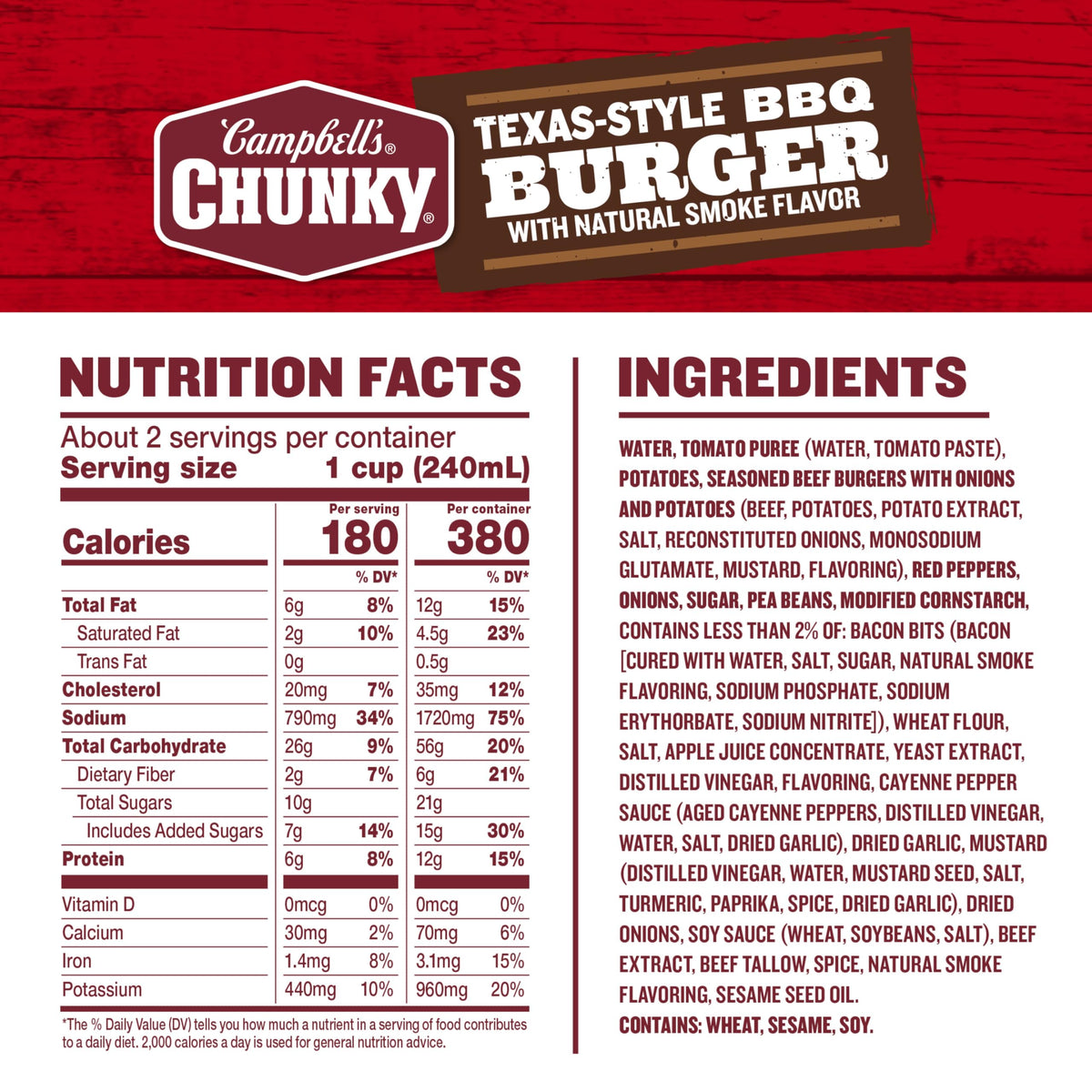 A warm bowl of Campbell's Chunky Texas-Style BBQ Burger soup ready in minutes for quick, satisfying meals.
