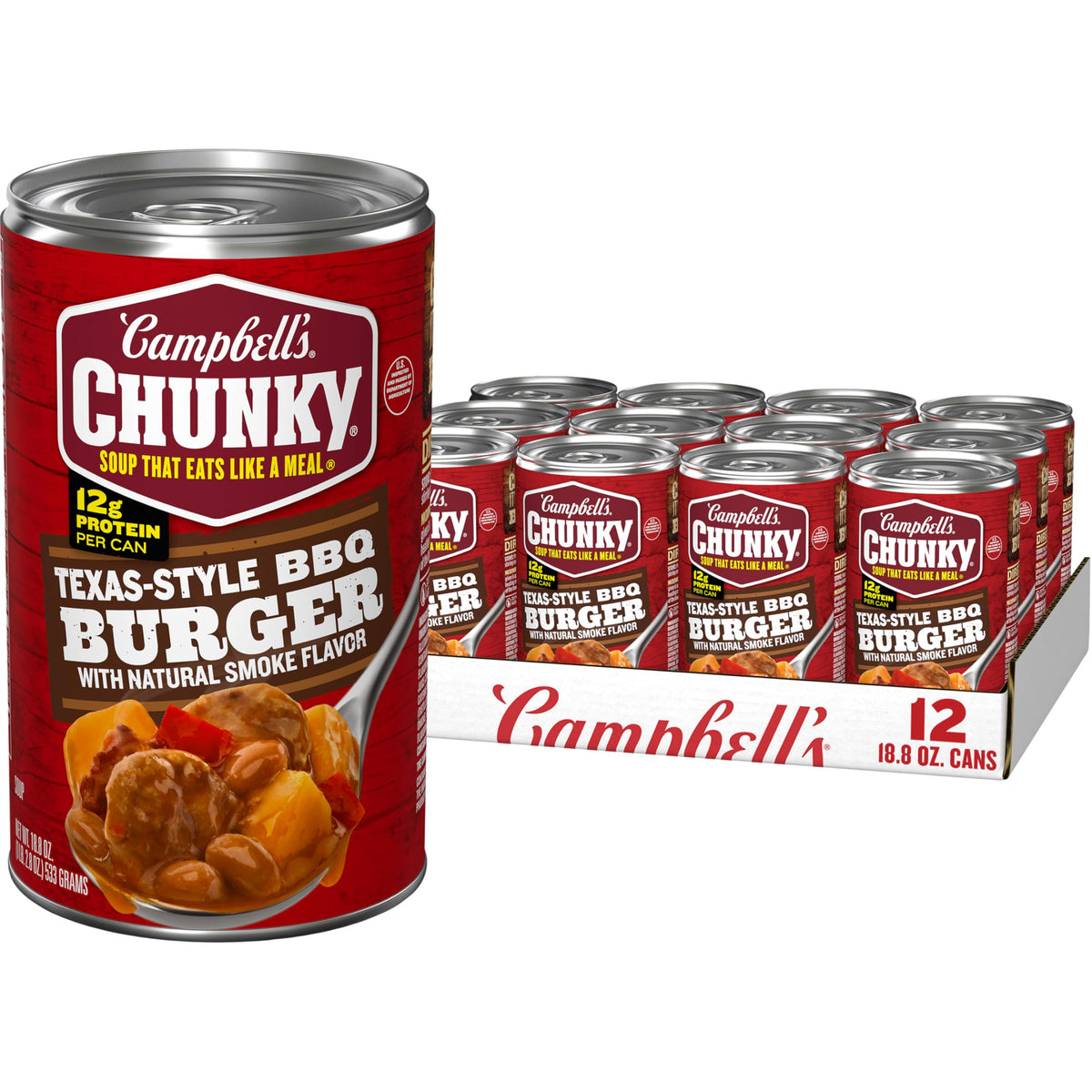 Campbell's Chunky Texas-Style BBQ Burger soup can shows bold label and branding, for quick, hearty meals.