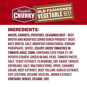 Beef chunks and vegetables in rich broth showcase hearty textures in Campbell's Chunky.