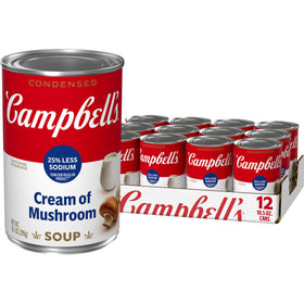 Campbell's condensed 25% less sodium Cream of Mushroom soup can for quick, flavorful meals.