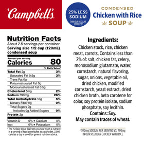 Campbell's 25% less sodium chicken and rice soup bowl steaming, ready to warm and satisfy