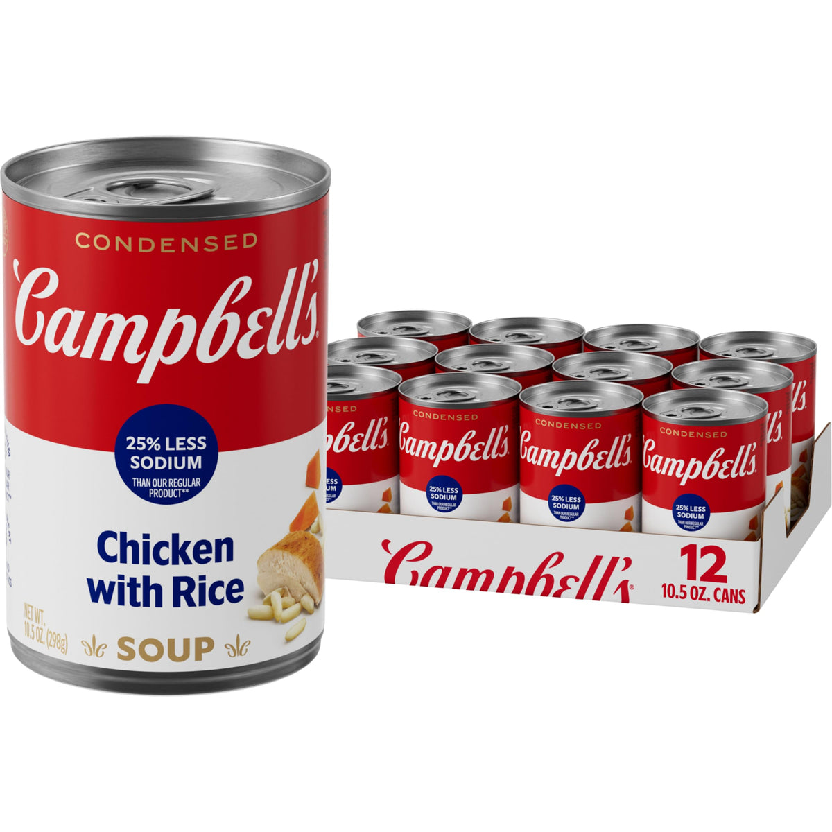 Campbell's 25% less sodium chicken and rice soup can on kitchen shelf for quick comfort