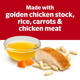 Campbell's ingredients—carrots, rice, and chicken—visible in the soup