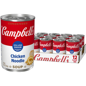 Campbell's condensed 25% less sodium chicken noodle soup cans stacked for a 12-pack pantry
