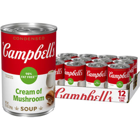 Campbell's Cream of Mushroom soup can front view, smooth base for quick sauces
