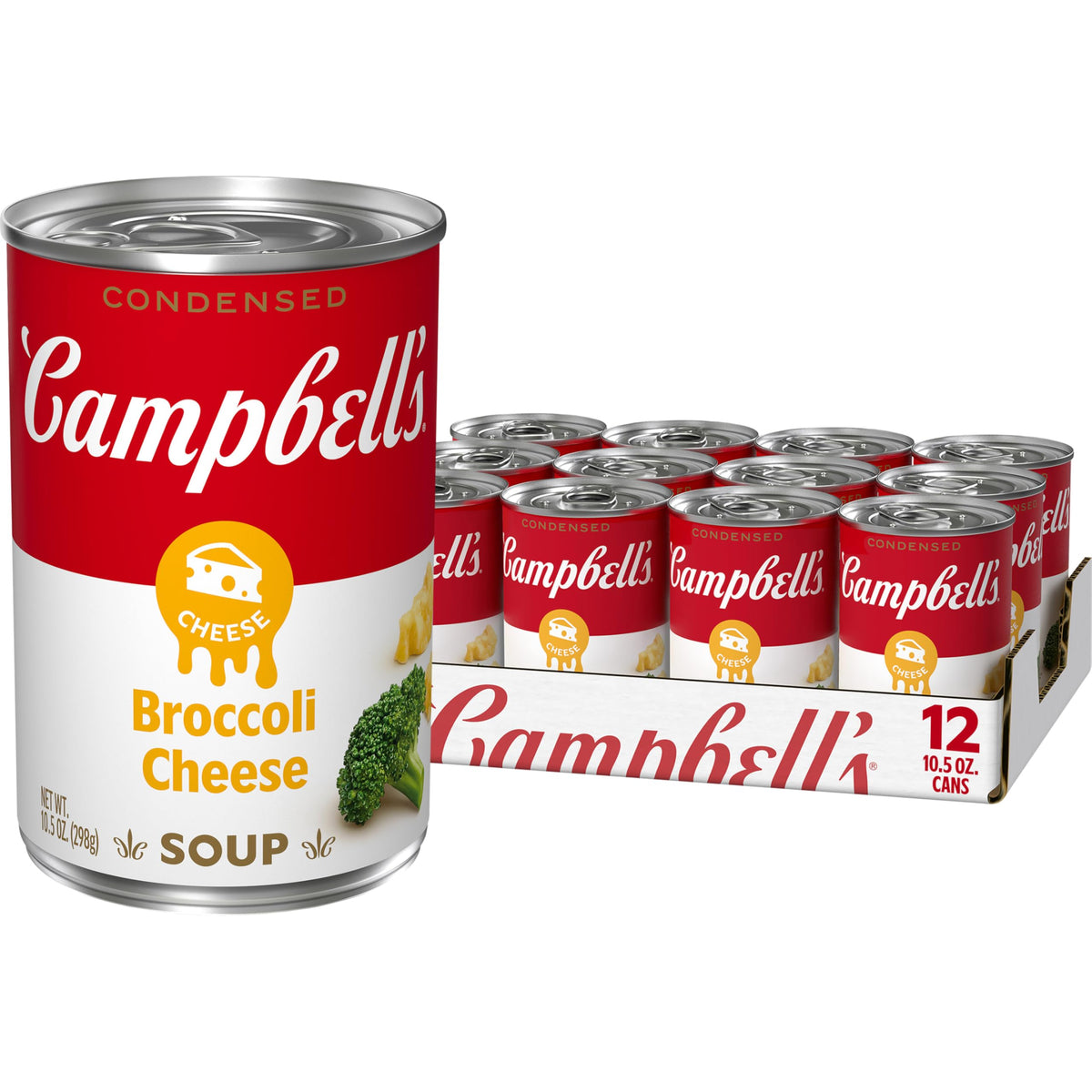 Campbell's Condensed Broccoli Cheese Soup 12-pack cans for quick meal prep.