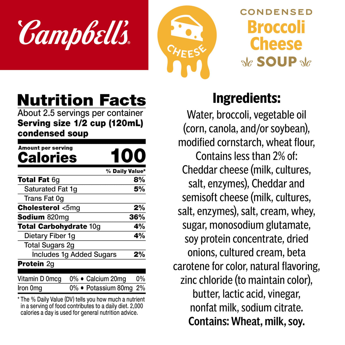 Creamy broccoli cheese soup base with rich cheddar for versatile cooking.